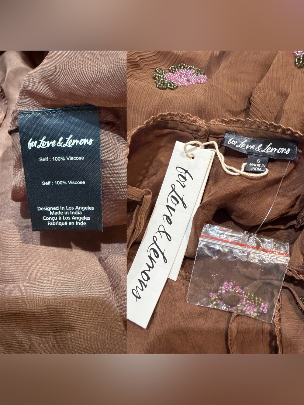 For Love & Lemons Beaded Garden Brown Mini Dress Size Small NWT - Picture 10 of 13